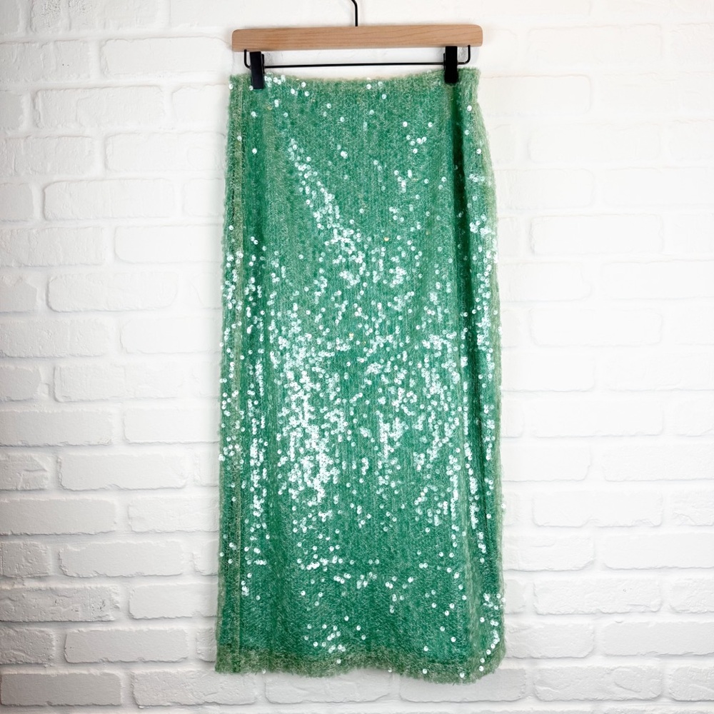 Zara Light Green Sequin Midi Pencil Skirt High Waist NWT Large